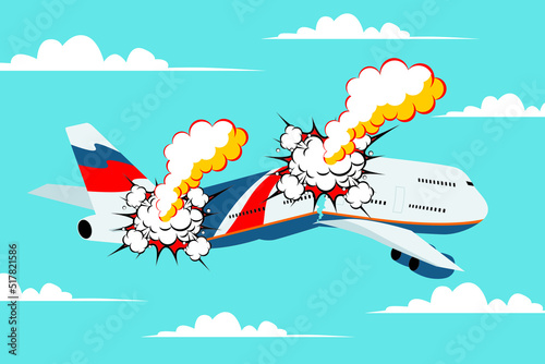 Airplane accident. The plane caught fire. Illustration of a plane crash