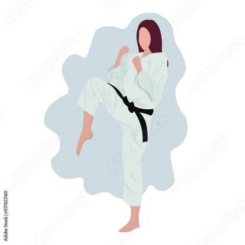 Woman practicing karate on white background