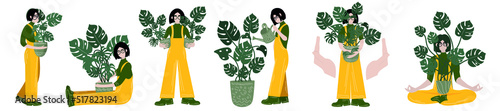 Set of woman with monstera houseplant on white background