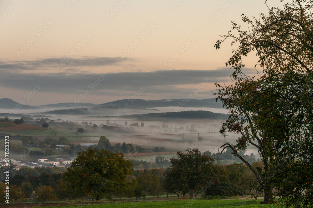 Sunrise over rolling hills and pastures in Southern Germany