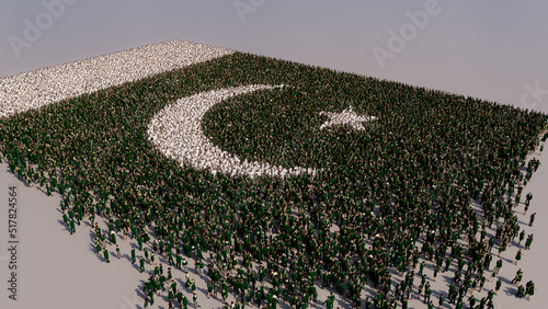 Aerial view of a Crowd of People, coming together to form the Flag of Pakistan. Pakistani Banner on White Background.