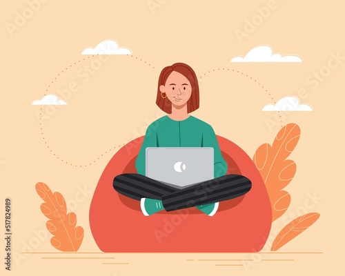 Online test concept. Woman with laptop sits in lotus position. Young girl preparing for test or examination, doing her homework. Internet and distance education. Cartoon flat vector illustration