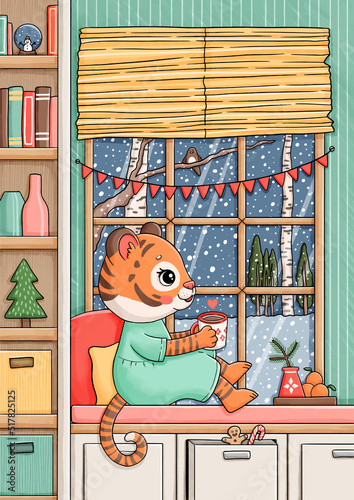 New year cute baby girl tiger vector illustration