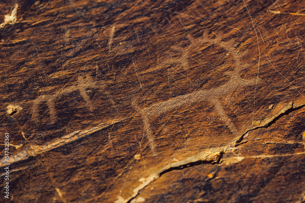 Naklejka premium Old wall cave drawings of primitive person, picture animals