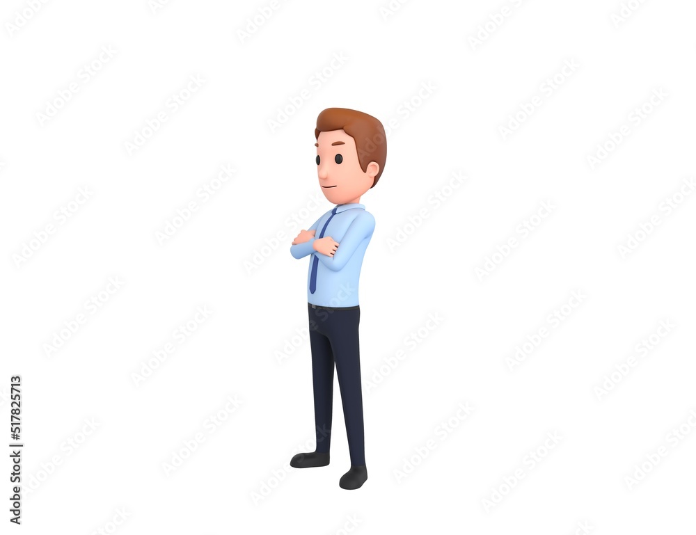 Businessman character smiling with arms crossed look to the side in 3d rendering.