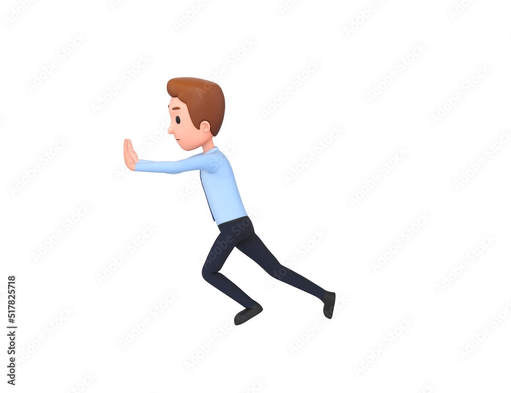 Businessman character pushing wall in 3d rendering.