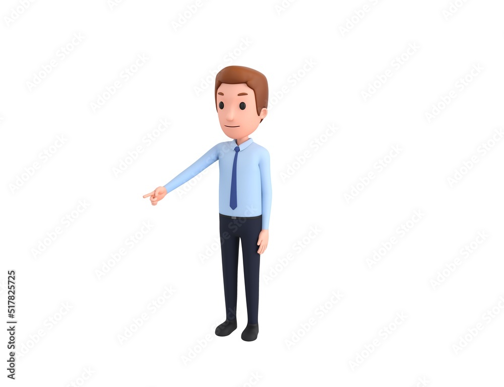 Businessman character pointing to the ground in 3d rendering. Businessman character pointing to the ground in 3d rendering.