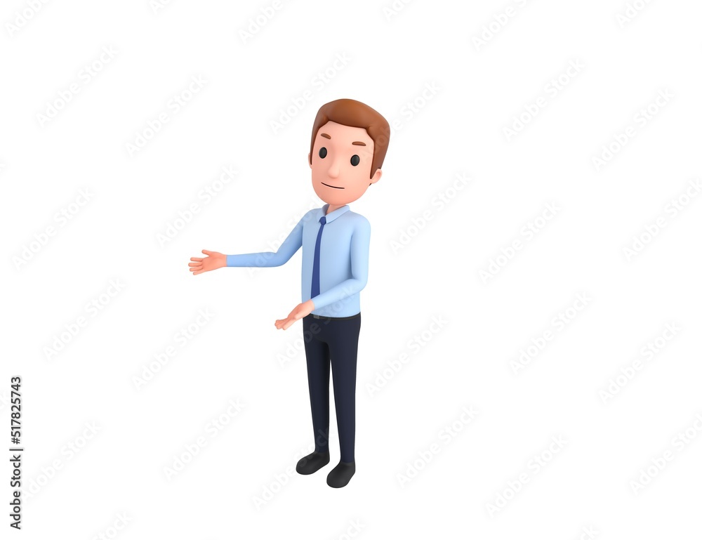 Businessman character doing welcome gesture in 3d rendering. Businessman character doing welcome gesture in 3d rendering.