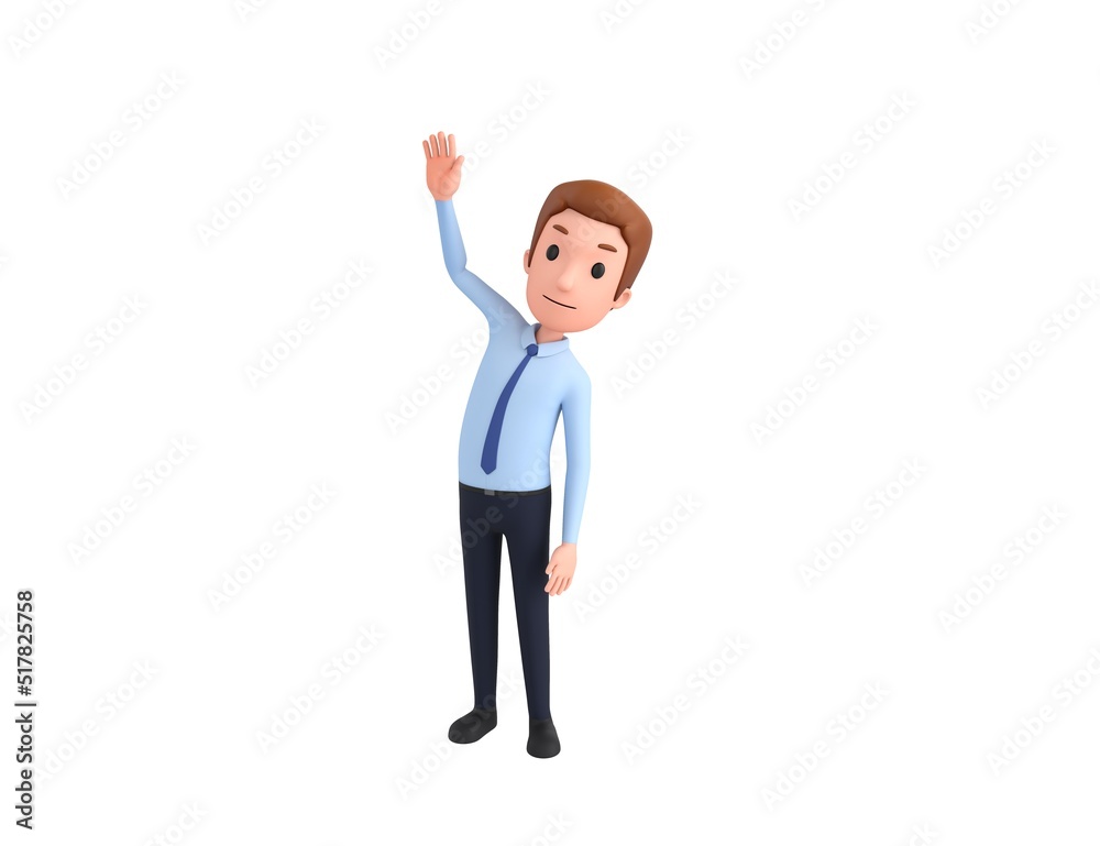 Businessman character raising right hand in 3d rendering. Businessman character raising right hand in 3d rendering.