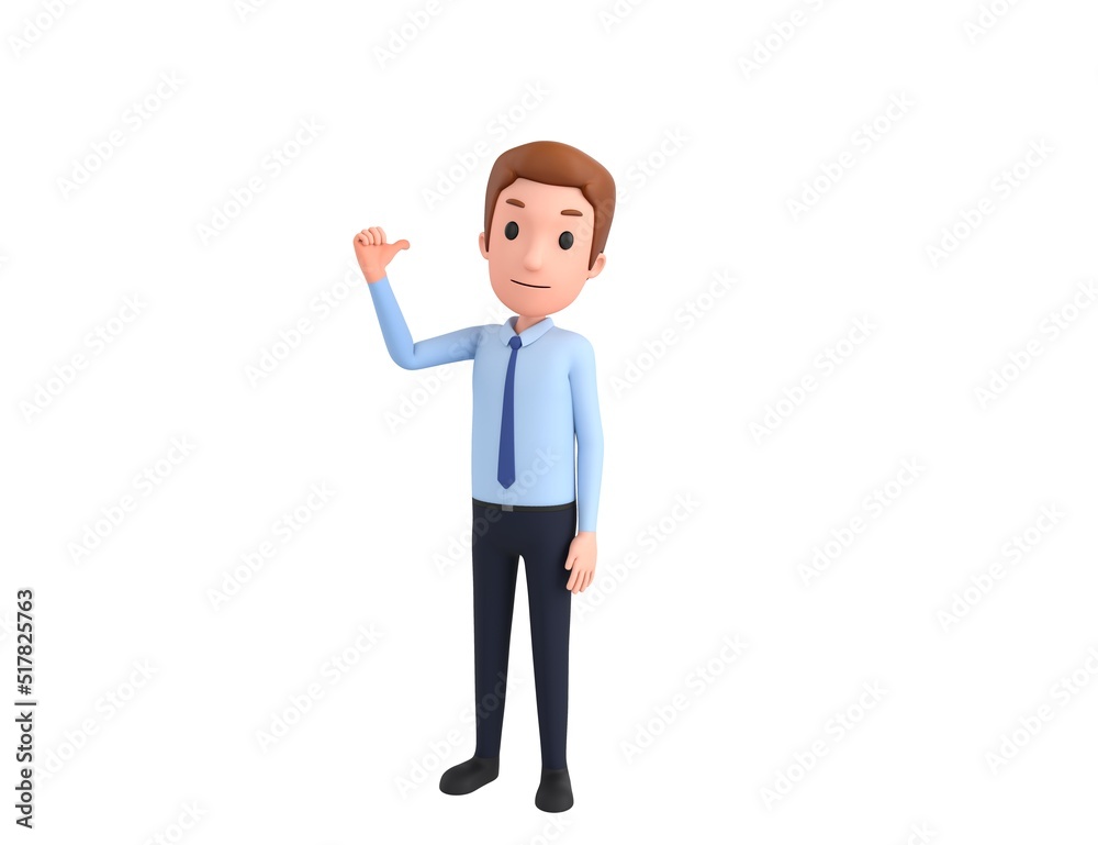 Businessman character pointing back thumb up empty space in 3d rendering.