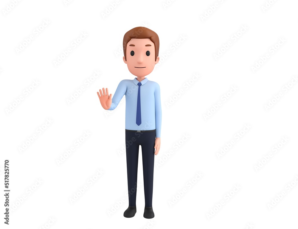 Businessman character puts out his hand and orders to stop in 3d rendering.