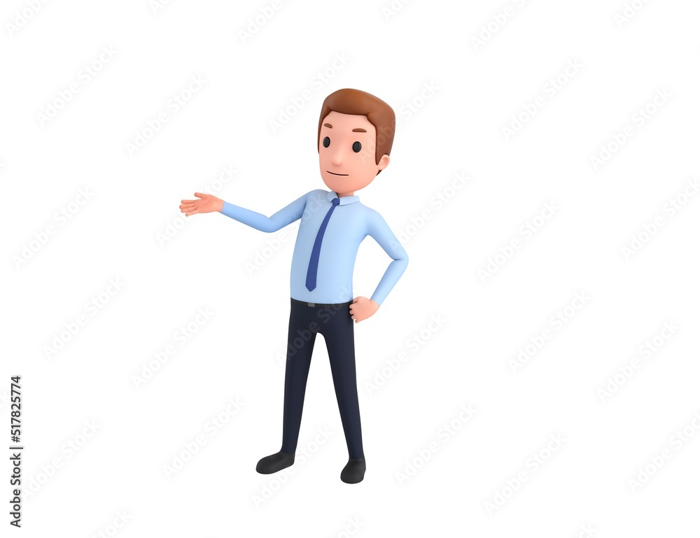Businessman character open hand palm in 3d rendering.