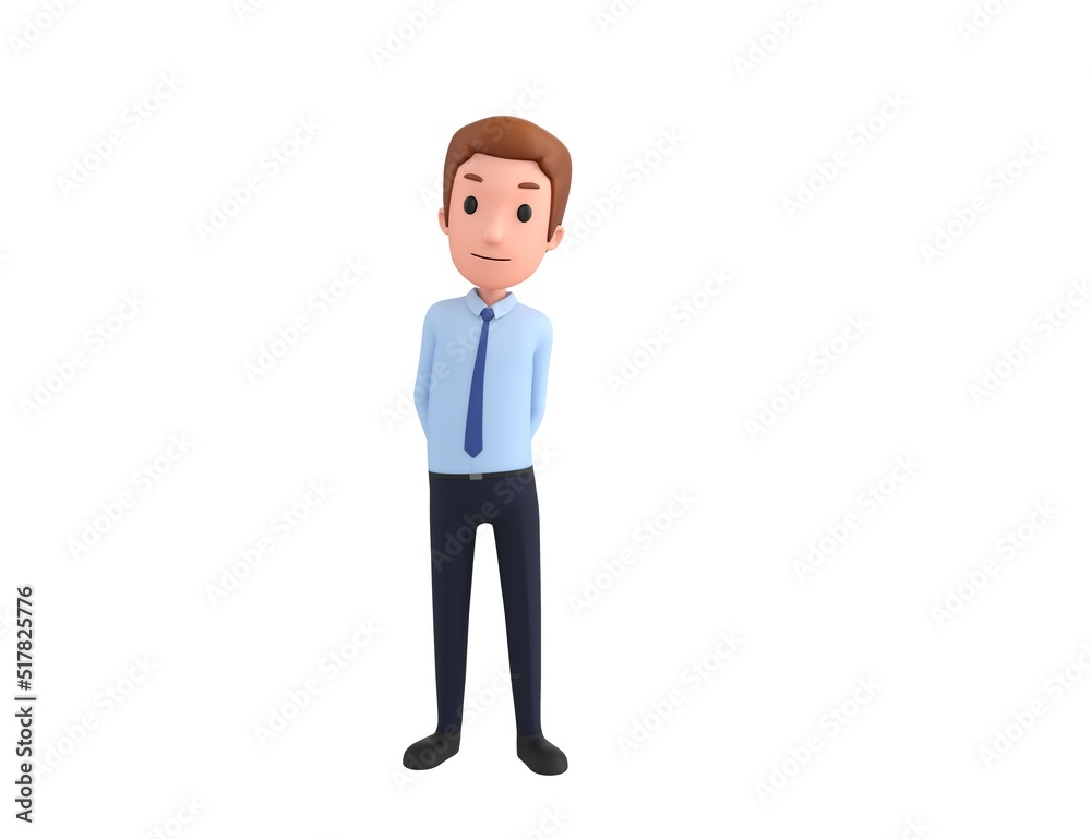 Businessman character hides his hands behind his back in 3d rendering. Businessman character hides his hands behind his back in 3d rendering.