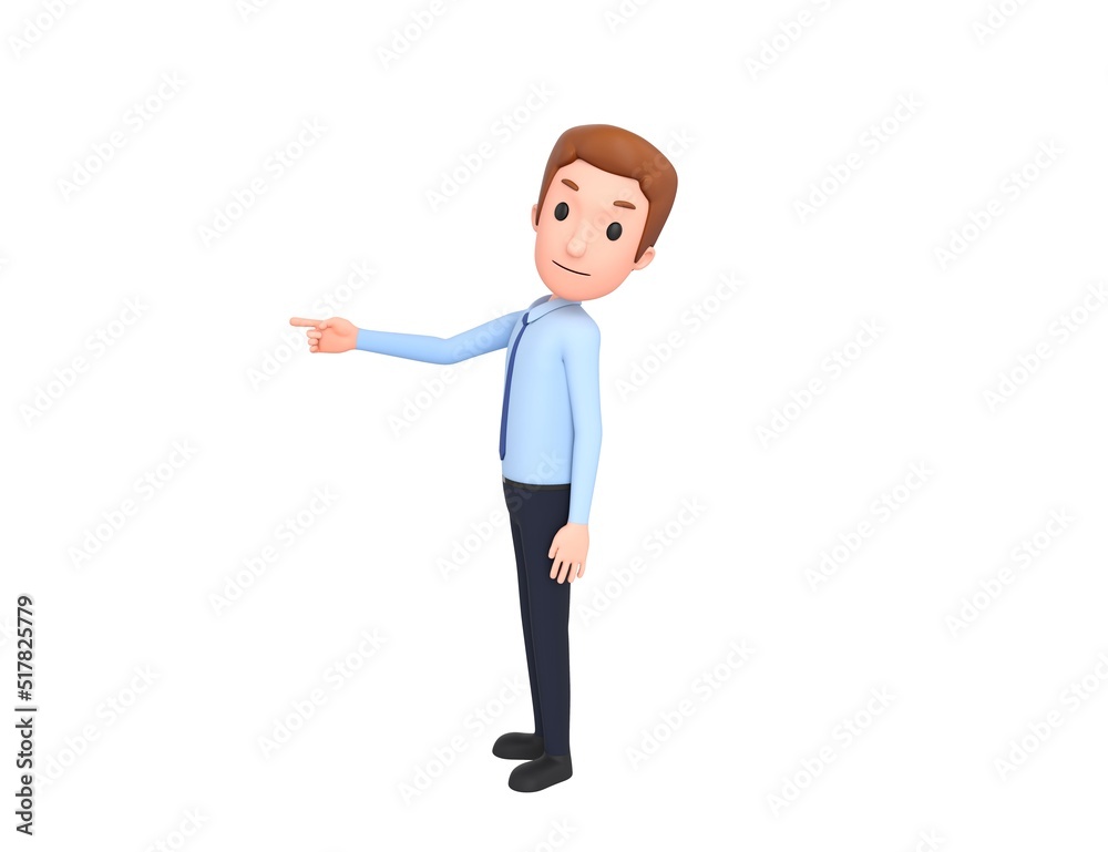 Businessman character pointing index finger to the left in 3d rendering.