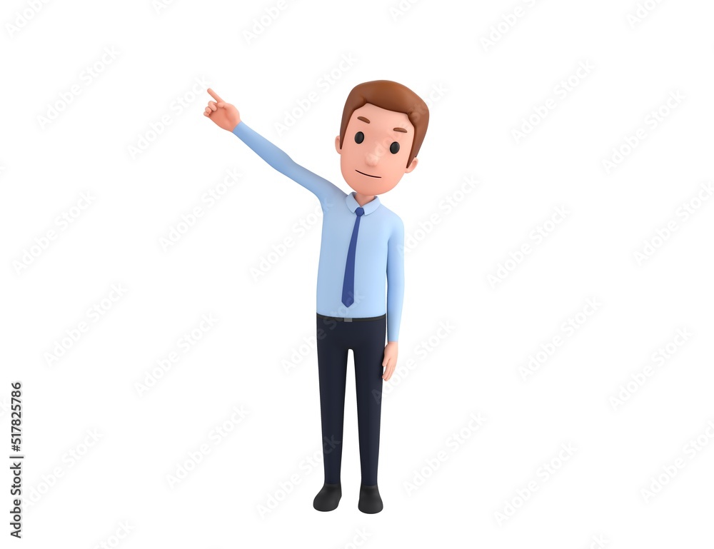 Businessman character pointing up his index finger in 3d rendering.