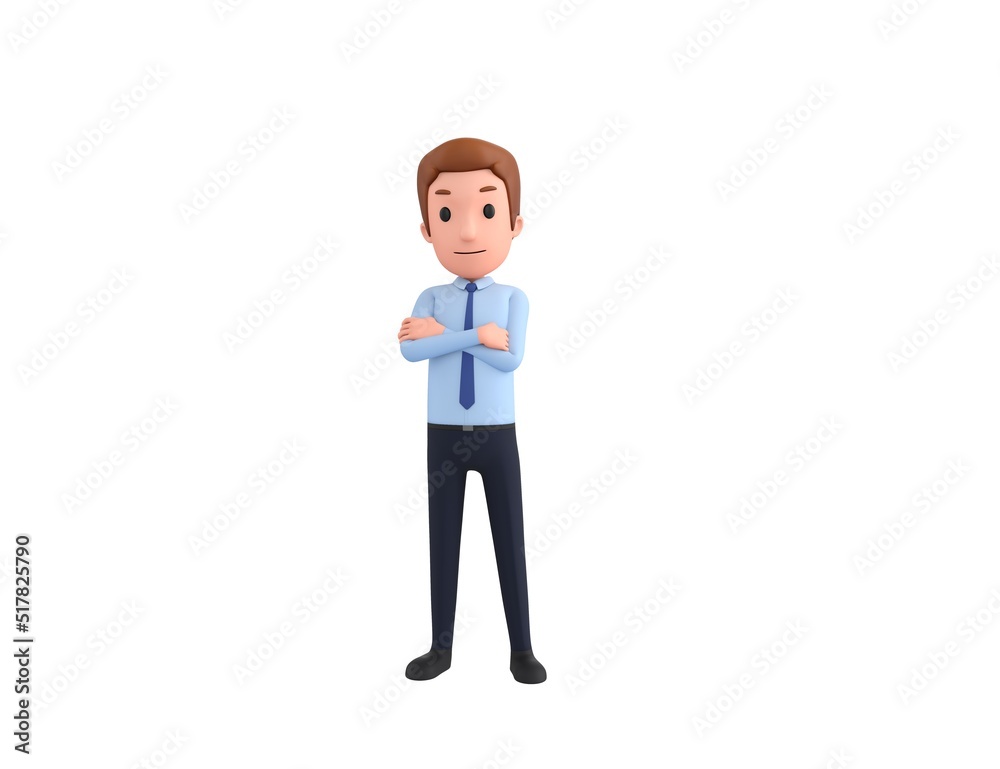 Businessman character smiling with arms crossed in 3d rendering.