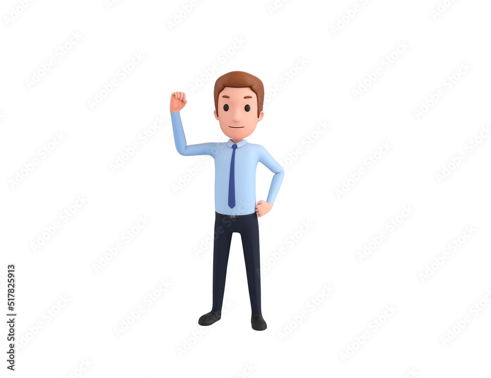 Businessman character raising right fist in 3d rendering.