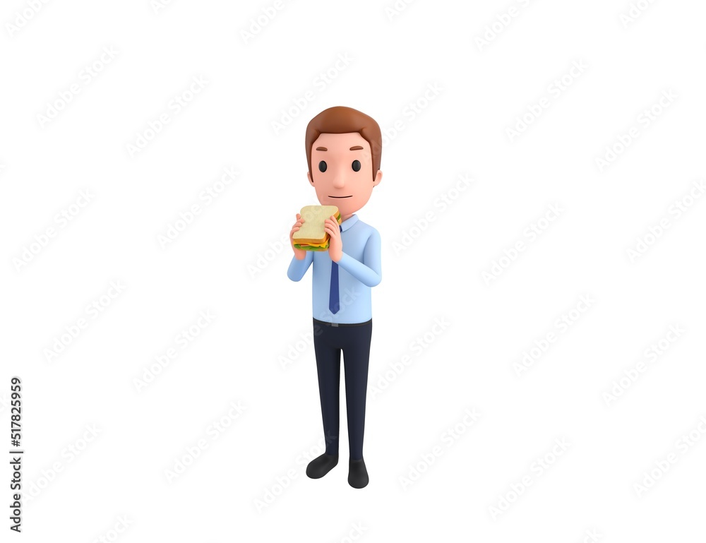 Businessman character eating sandwich in 3d rendering. Businessman character eating sandwich in 3d rendering.