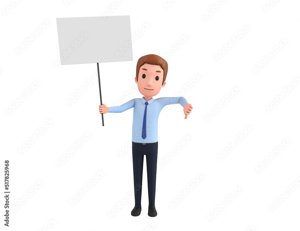Businessman character holding a blank billboard and give thumb down in 3d rendering.