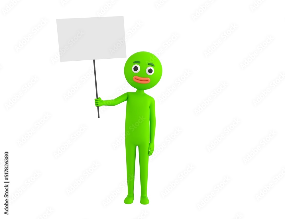 Green Man character holding blank banner in 3d rendering.