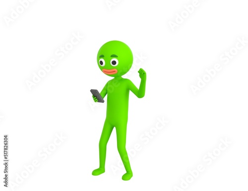 Green Man character looking his phone and doing winner gesture with fists up in 3d rendering.
