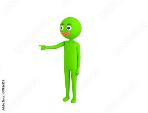 Green Man character pointing finger to the left in 3d rendering.