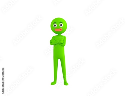 Green Man character smiling with arms crossed in 3d rendering.