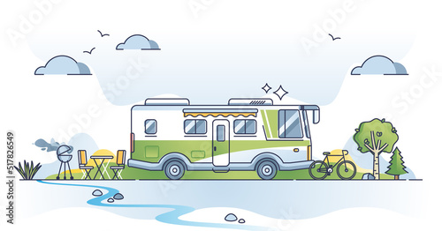 Camper lifestyle scene with trailer van recreation journey outline concept. Holiday truck for freedom feeling with home on wheels vector illustration. Drive to outdoor with comfort in nature campsite.