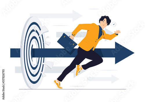 Businessman running, rushing forward and breaking target archery to Successful. Business plan, Market targeting, Target with an arrows, and achieve target goals achievement concept illustration