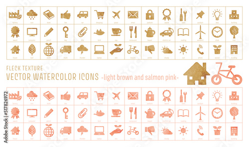 Vector watercolor icons (light brown and salmon pink) fleck textured
