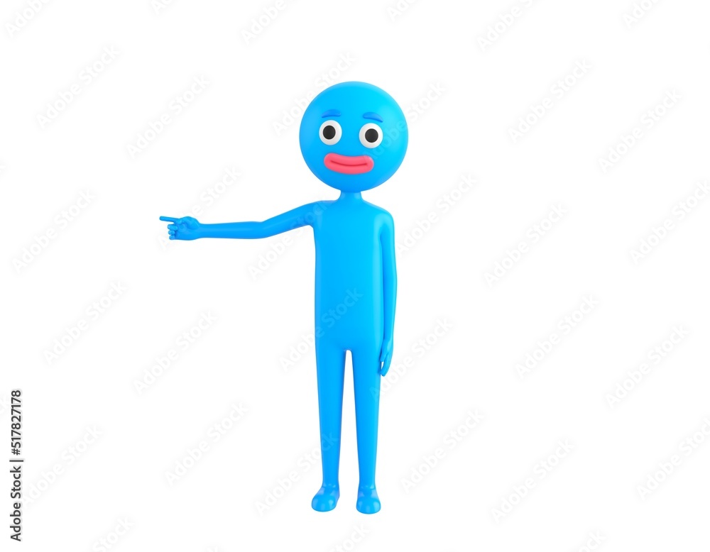 Blue Man character pointing his finger to the left in 3d rendering. Blue Man character pointing his finger to the left in 3d rendering.