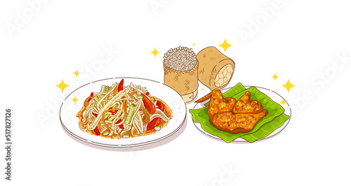 Somtum and Roast Chicken and Sticky rice Thai food spicy papaya salad hand drawn cartoon illustration