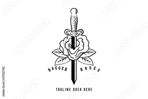 Vintage Retro Dagger Stiletto and Rose flower for Tattoo Logo Design Vector