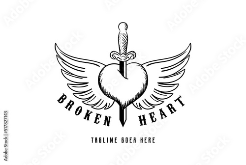 Vintage Retro Love Heart Dagger Stiletto with Angel Wings for Tattoo Logo Design Vector
