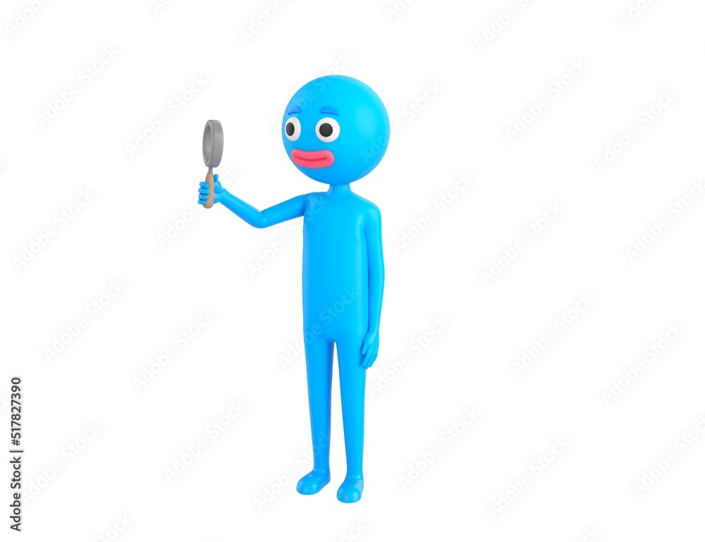 Blue Man character holding magnifying glass in 3d rendering. Blue Man character holding magnifying glass in 3d rendering.