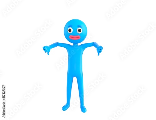 Blue Man character showing thumb down with two hands in 3d rendering.