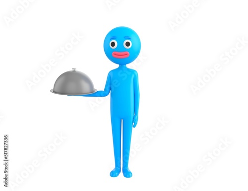 Blue Man character serving a meal under a silver cloche or dome in 3d rendering.