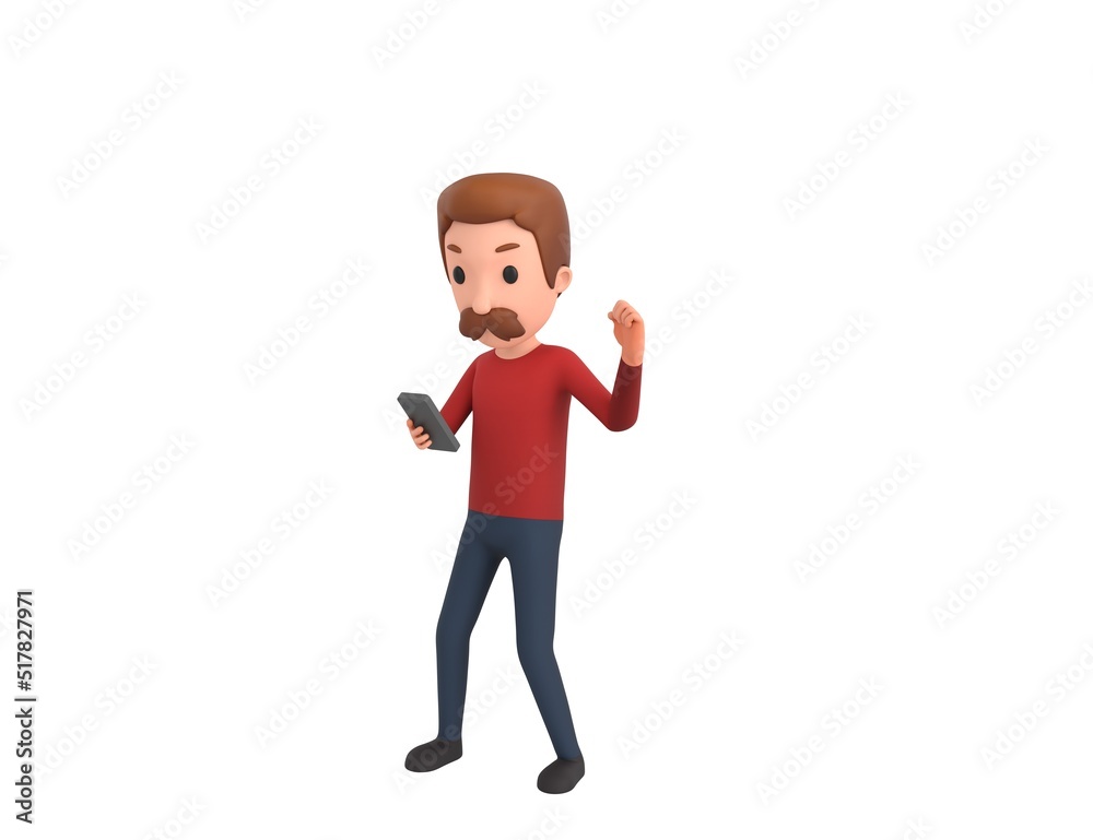 Man wearing Red Shirt character looking his phone and doing winner gesture with fists up in 3d rendering.