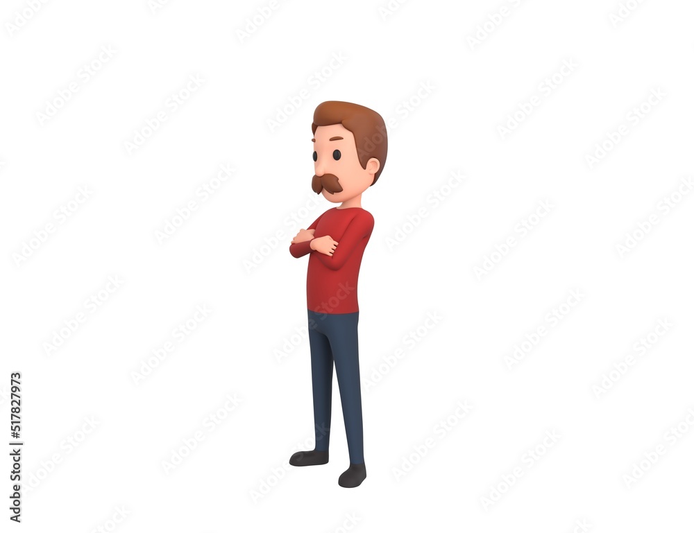 Man wearing Red Shirt character smiling with arms crossed look to the side in 3d rendering. Man wearing Red Shirt character smiling with arms crossed look to the side in 3d rendering.