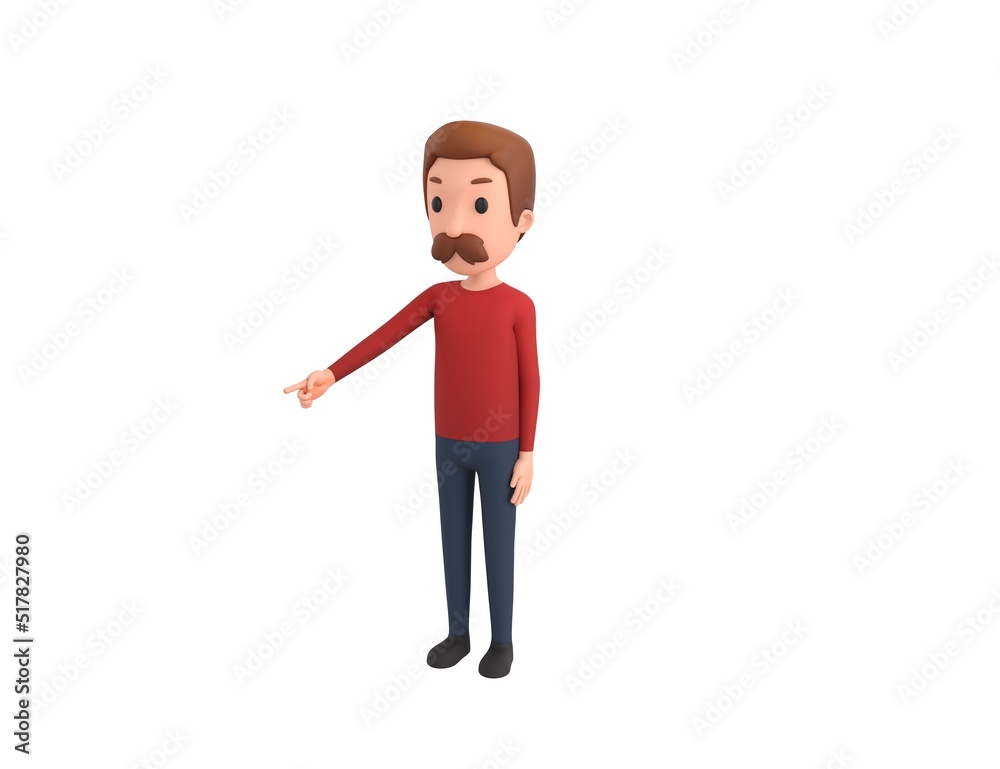 Man wearing Red Shirt character pointing to the ground in 3d rendering.