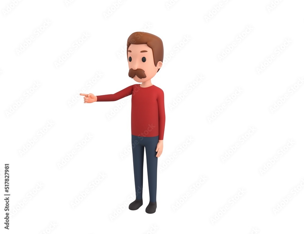 Man wearing Red Shirt character pointing finger to the left in 3d rendering.