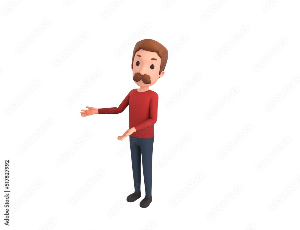 Man wearing Red Shirt character doing welcome gesture in 3d rendering. Man wearing Red Shirt character doing welcome gesture in 3d rendering.