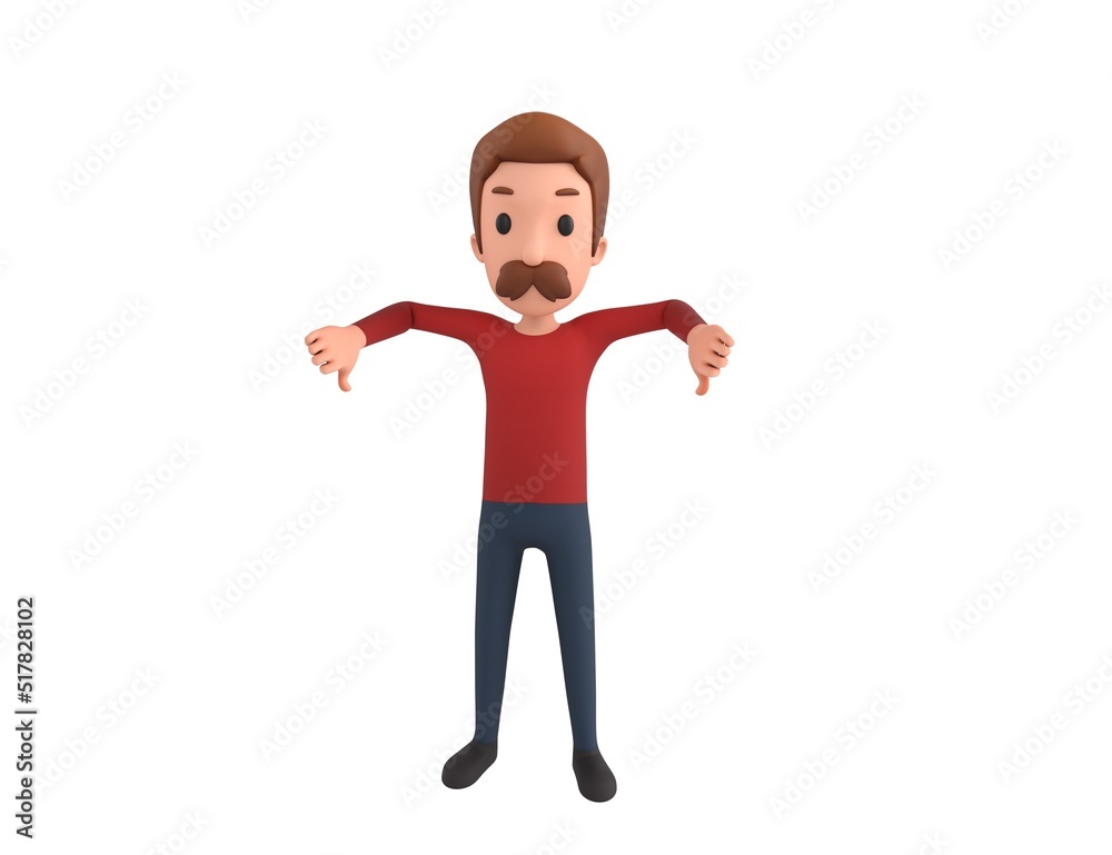 Man wearing Red Shirt character showing thumb down with two hands in 3d rendering. Man wearing Red Shirt character showing thumb down with two hands in 3d rendering.
