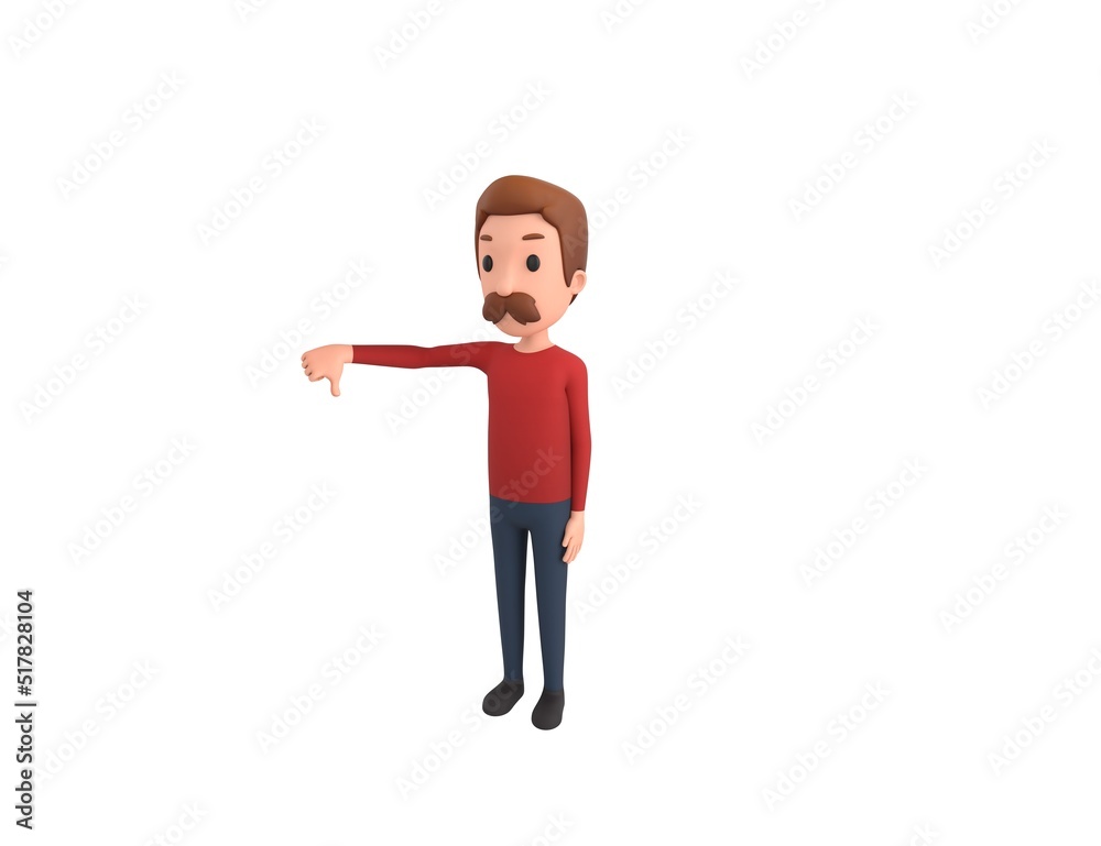 Man wearing Red Shirt character showing thumb down in 3d rendering. Man wearing Red Shirt character showing thumb down in 3d rendering.