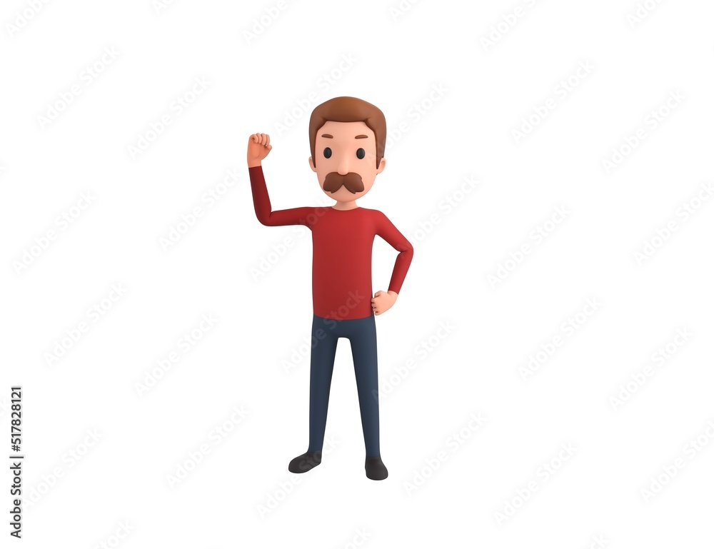 Man wearing Red Shirt character raising right fist in 3d rendering. Man wearing Red Shirt character raising right fist in 3d rendering.