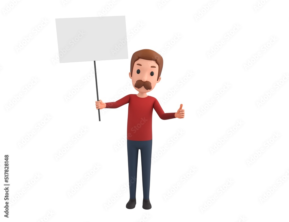 Man wearing Red Shirt character holding a blank billboard and give thumb up in 3d rendering. Man wearing Red Shirt character holding a blank billboard and give thumb up in 3d rendering.