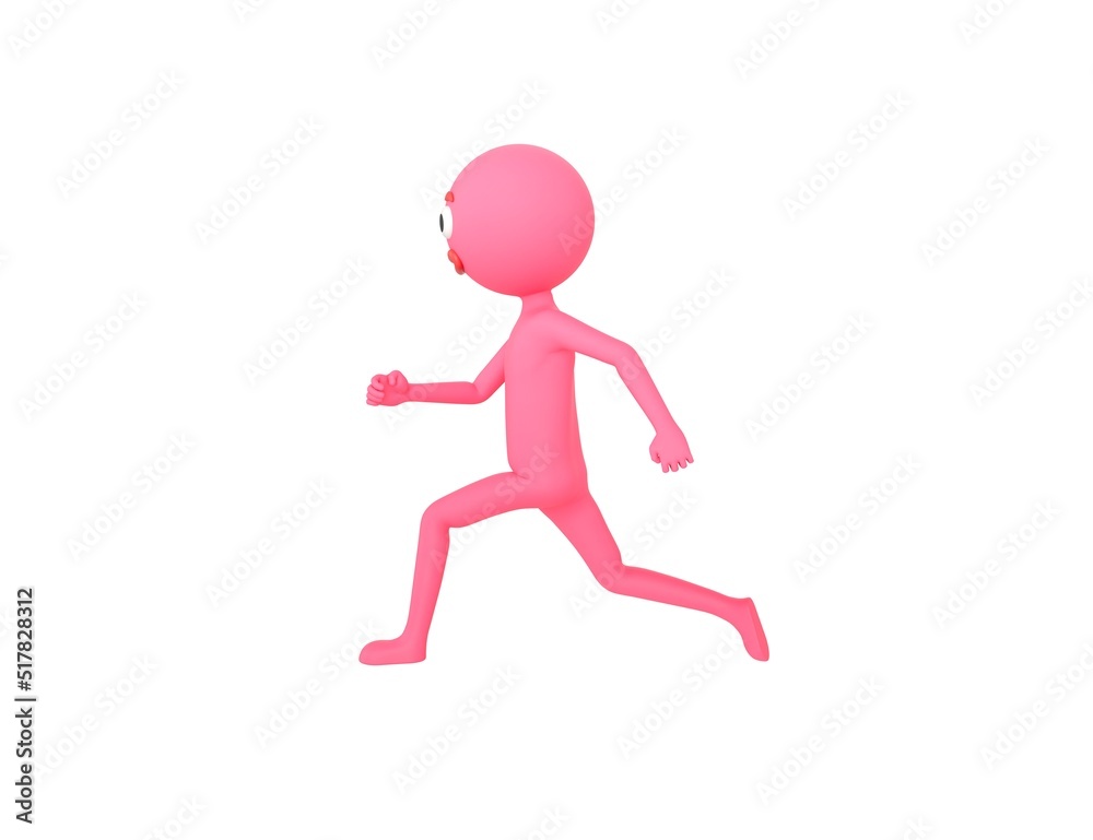 Pink Man character running to the left side in 3d rendering. Pink Man character running to the left side in 3d rendering.