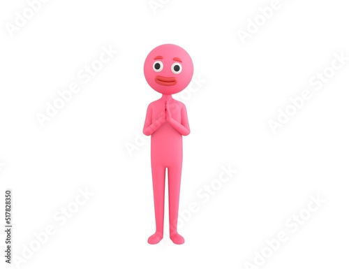 Pink Man character praying with hands held together in 3d rendering.