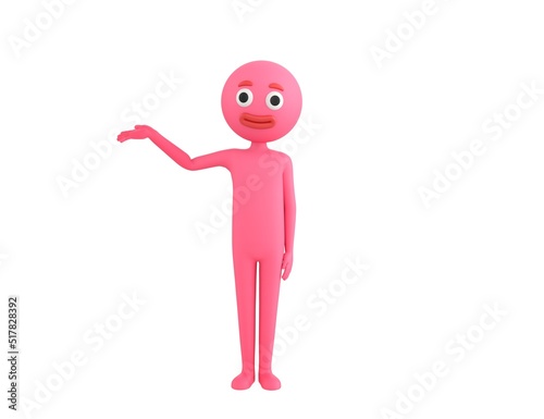 Pink Man character raise his hand and pointing to the side in 3d rendering.