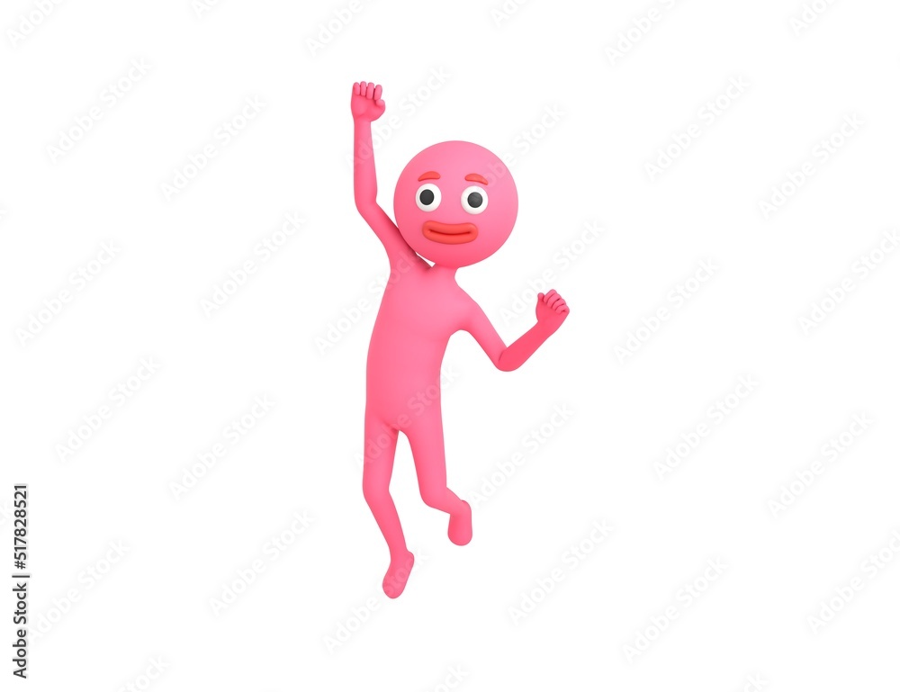 Pink Man character Jumping with smile on face doing winner gesture with fists up in 3d rendering. Pink Man character Jumping with smile on face doing winner gesture with fists up in 3d rendering.
